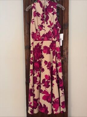 🆕 Calvin Klein Floral Print Scuba Spilt V-Neck Sleeveless A-Line Midi Dress 🆕